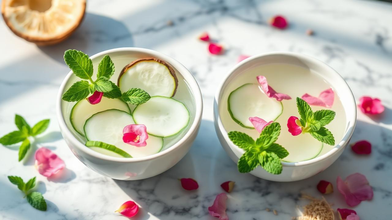 Cooling foods — cucumber, mint, rose, fennel, coconut water