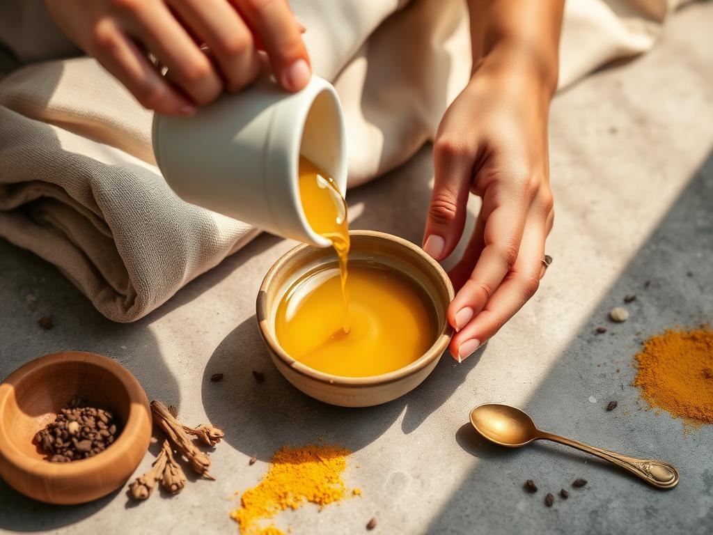 Ayurvedic morning ritual — warm oil and herbs